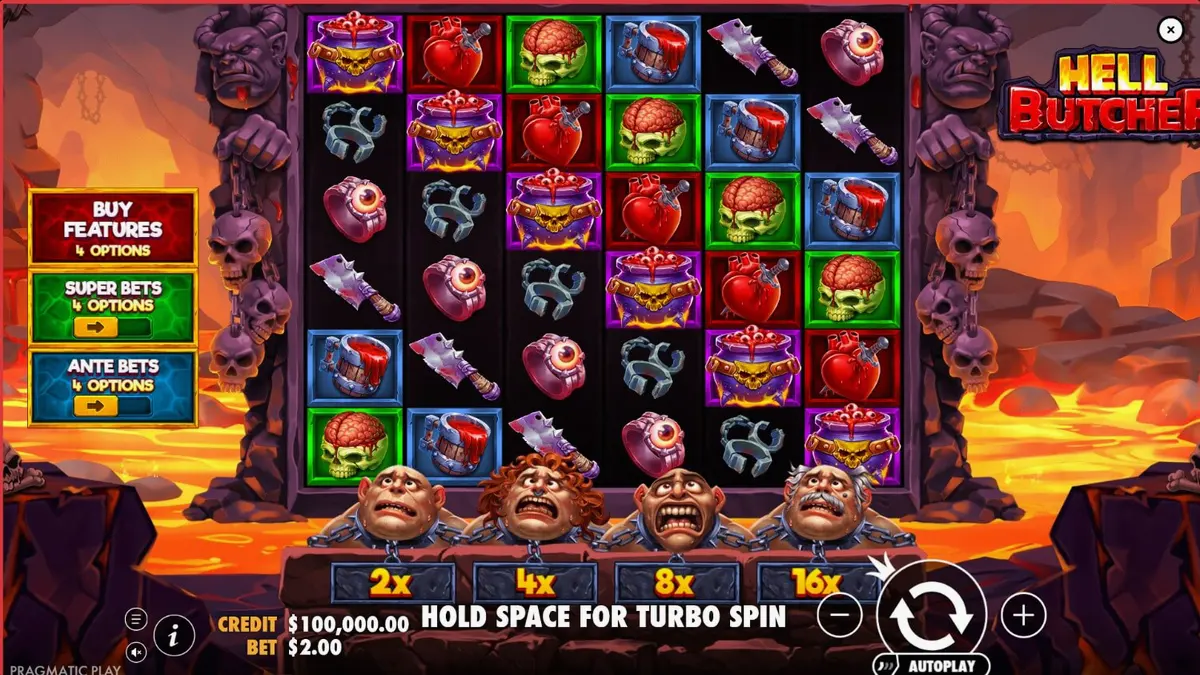 Hell Butcher slot machine interface featuring dark horror themes and demonic butcher imagery